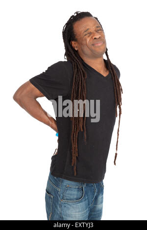 Bel homme avec des dreadlocks faisant différentes expressions dans différents ensembles de vêtements : mal de dos Banque D'Images