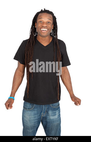 Bel homme avec des dreadlocks faisant différentes expressions dans différents ensembles de vêtements : la joie Banque D'Images