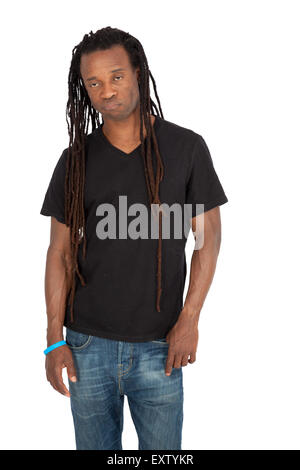 Bel homme avec des dreadlocks faisant différentes expressions dans différents ensembles de vêtements : bored Banque D'Images