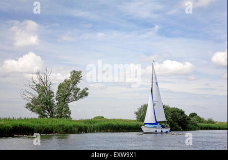 Vue d'un bateau naviguant sur la rivière Bure sur les Norfolk Broads Horning, près de Norfolk, Angleterre, Royaume-Uni. Banque D'Images