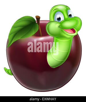 Une illustration d'un happy cute cartoon mascot worm caterpillar vert qui sort d'une pomme Banque D'Images