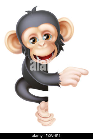 Cartoon singe chimpanzé comme le caractère mascot peeking autour d'un signe et pointant sur elle Banque D'Images