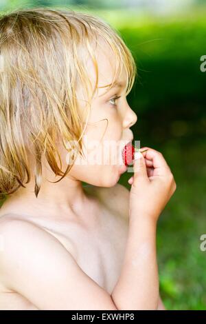 Girl eating a strawberry Banque D'Images