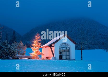 Chapelle à l'arbre de Noël dans la neige, Mieminger Plateau, Tyrol, Autriche Banque D'Images