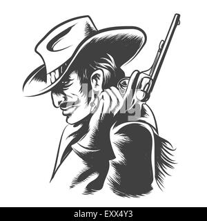 Man in cowboy vêtements avec revolver à la main. Leur gravure. Monochrome sur fond blanc. Illustration de Vecteur