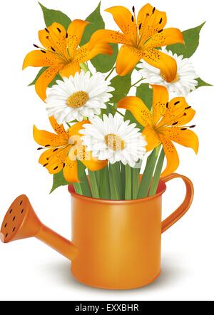 Arrosoir avec un bouquet de fleurs. Vecteur. Illustration de Vecteur