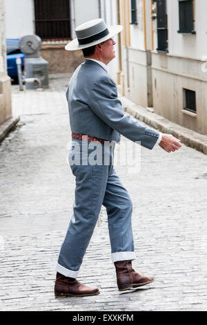 De chariot tiré par des chevaux/panier/conducteur de chariot en costume traditionnel et dans la vieille ville dans le centre de Séville, Andalousie, Espagne, Europe. Au cours de la Feria d'avril Festival. Banque D'Images