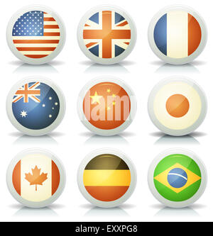 Illustration d'un ensemble d'icônes drapeaux brillant ensemble avec la plupart des grandes nations et pays, Etats-Unis, France, Canada, Australie Banque D'Images