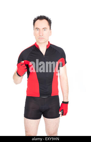 Beau biker faisant différentes expressions dans différents ensembles de vêtements : angry Banque D'Images
