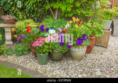 Coin ombragé d'un jardin avec les conteneurs remplis de fleurs colorées Banque D'Images