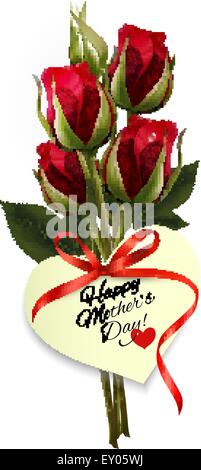 Roses rouges en forme de coeur avec une heureuse fête des remarque et ruban rouge. Vecteur. Illustration de Vecteur
