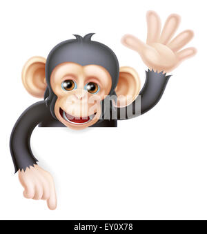 Cartoon singe chimpanzé comme le caractère mascot peeking au-dessus un signe en agitant et pointant vers le bas Banque D'Images