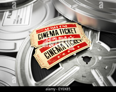 Film, cinema vintage concept. Billets sur des bobines de film rétro et des boîtes. 3d Banque D'Images
