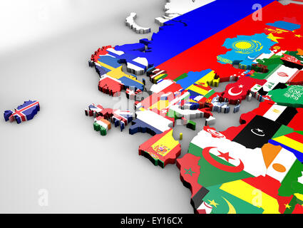 Carte politique de l'Europe avec la texture 3D drapeaux, illustration Banque D'Images