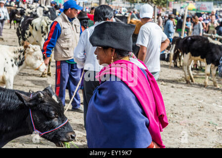 Une femme en costume traditionnel au marché de bétail. Otavalo, Équateur. Banque D'Images