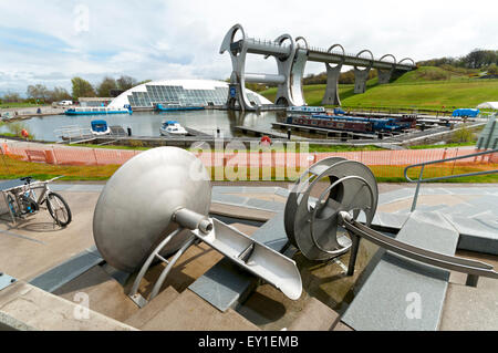 Caractéristiques de l'eau, montrant des modes de sensibilisation ou pomper de l'eau, dans le parc de jeux d'eau à la roue de Falkirk, Falkirk, Ecosse, Royaume-Uni Banque D'Images