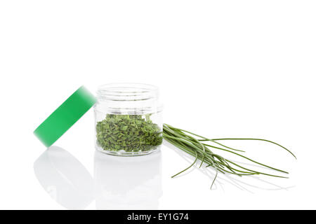 La ciboulette ciboulette fraîche et sèche en épices bocal verre isolé sur fond blanc. Des herbes aromatiques culinaires. Les fines herbes Banque D'Images