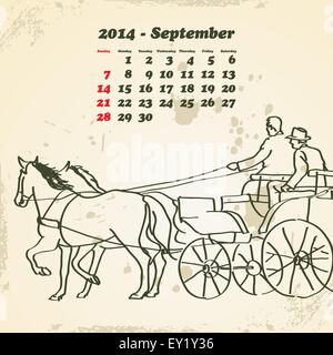 Septembre 2014 Calendrier cheval dessiné à la main - vector illustration Illustration de Vecteur