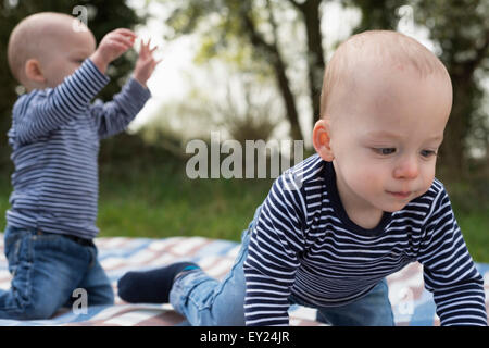 Les frères jumeaux bébé jouant sur couverture de pique-nique dans le champ Banque D'Images