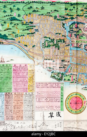 1882 topographiques stylisé Carte des couleurs de Tokyo, Edo. Détail, la carte, marge des dessins de sites touristiques de la ville et des panneaux colorés avec de l'information du district Banque D'Images