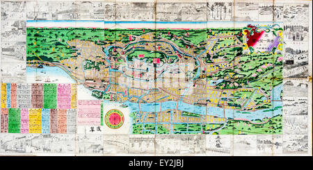 1882 topographiques stylisé Carte des couleurs de Tokyo, Edo. Plan avec victoire des dessins de sites touristiques de la ville et des panneaux couleur contenant Ward information. Banque D'Images