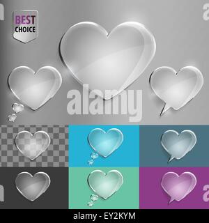 Jeu de bulle de verre icônes avec coeur d'ombre douce sur fond dégradé . EPS 10 illustration vectorielle pour le web. Illustration de Vecteur