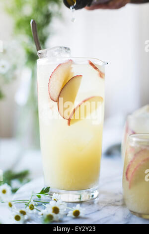 Nectarine blanc Prosecco Sangría au gingembre & Sureau dans un verre Banque D'Images