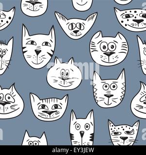 Motif chats, vecteur de fond de bébé avec mignon drôle chat joyeux visages Illustration de Vecteur