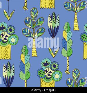 Vecteur bleu motif enfants avec des arbres forestiers Cartoon illustration pour papier peint bébé et design textile Illustration de Vecteur
