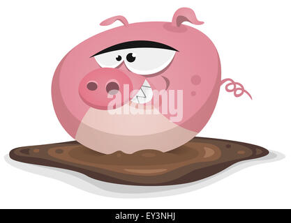 Illustration d'un dessin de caractère de cochon de ferme en tenant un wash dans son bain de boue Banque D'Images