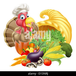 Thanksgiving Golden Horn of plenty cornucopia plein de légumes et de fruits produire avec cartoon turquie bird portant un chapeau de chef Banque D'Images