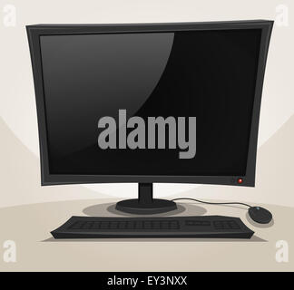 Illustration d'un bureau de dessin animé ordinateur éteint, avec souris, clavier et écran noir vide Banque D'Images