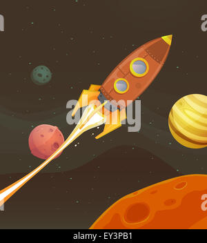Illustration d'un vaisseau spatial rouge retro cartoon blasting off et explorer l'espace et les planètes Banque D'Images