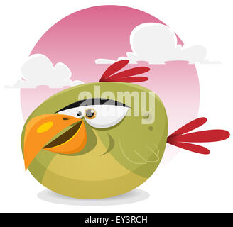 Illustration d'un drôle de petit oiseau perroquet tropical cartoon character smiling sur un fond de ciel rose Banque D'Images