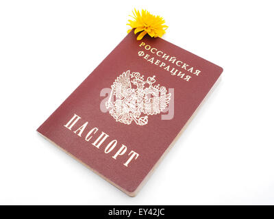 Passeport russe et de fleurs sur fond blanc Banque D'Images