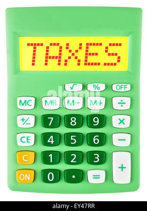 Calculatrice avec les taxes sur l'affichage sur fond blanc Banque D'Images