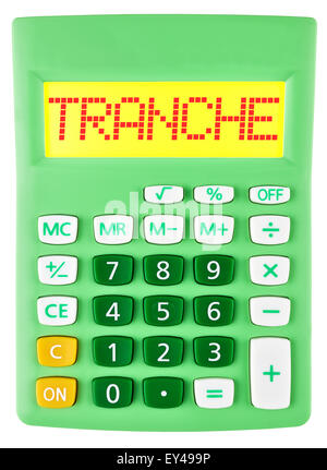 Calculatrice avec tranche sur l'affichage isolé sur fond blanc Banque D'Images