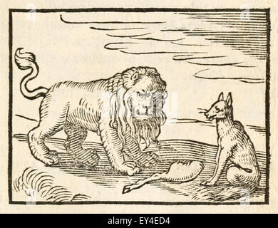 'Le Lion et le renard' fable d'Ésope (vers 600 avant JC). 17e siècle gravure sur bois illustrant les Fables d'Ésope. Voir la description pour plus d'informations. Banque D'Images