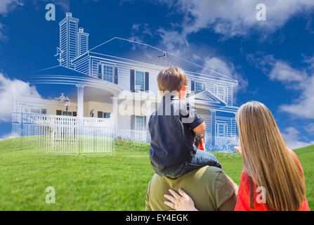 Les jeunes face à la famille maison fantôme, dessin Photo partielle et Rolling Green Hills. Banque D'Images