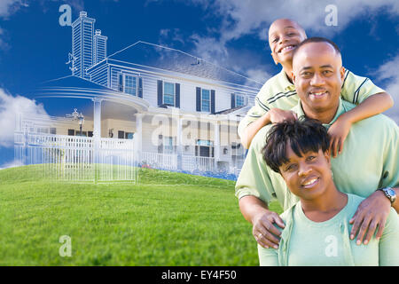 Happy African American Family avec Ghosted Chambre Dessin, Photo partielle et Rolling Green Hills derrière. Banque D'Images