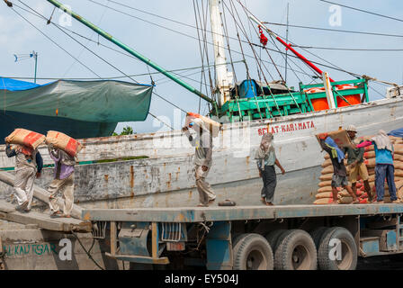 Travailleurs transportant des sacs de ciment d'un camion à un navire phinisi au port traditionnel de Sunda Kelapa à Penjaringan, dans le nord de Jakarta, Jakarta, Indonésie. Banque D'Images