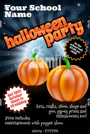 Pour les enfants de l'école Halloween Party invitation inviter affiche ou flyer avec les citrouilles et la pleine lune Banque D'Images