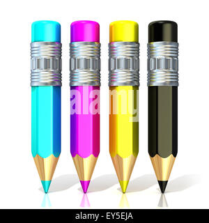 Crayons de couleurs CMJN (cyan, magenta, jaune et noir), isolé sur fond blanc, 3D concept de l'impression. Banque D'Images