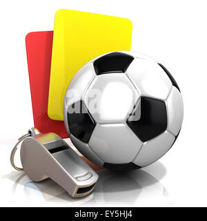 Concept de football. De mort (rouge et jaune), carte metal sifflet et le soccer (football), balle 3D render isolé sur blanc backgroun Banque D'Images