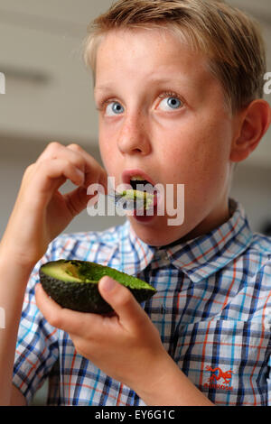 Un enfant manger un avocat avec une cuillère comme une collation santé Banque D'Images