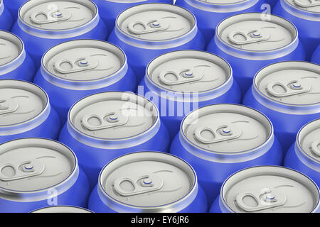 Verre bleu boîtes métalliques, vue du dessus isolé sur fond blanc Banque D'Images