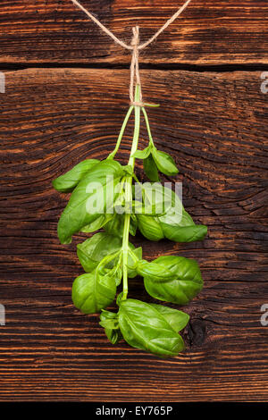 Le basilic frais herb pendaison le string à l'ancienne en bois fond brun. Herbes culinaires, style rustique. Banque D'Images