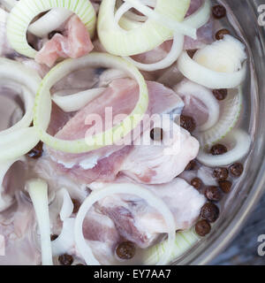 Les tranches de viande de porc, faire mariner avec l'oignon, le poivre noir et le vinaigre, vue du dessus. Focus sélectif et peu profondes 6 Banque D'Images