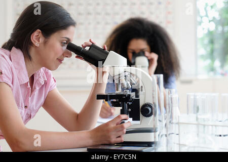 Adolescentes (14-15, 16-17) using microscope in science class Banque D'Images