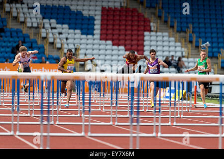 Lawrence Clarke, Alex AL AMEEN, William Sharman, Yannick BUDD & David King men's 110m haies 2014 Finale Championnats britanniques Sainsbury's Alexander Stadium Birmingham UK Banque D'Images